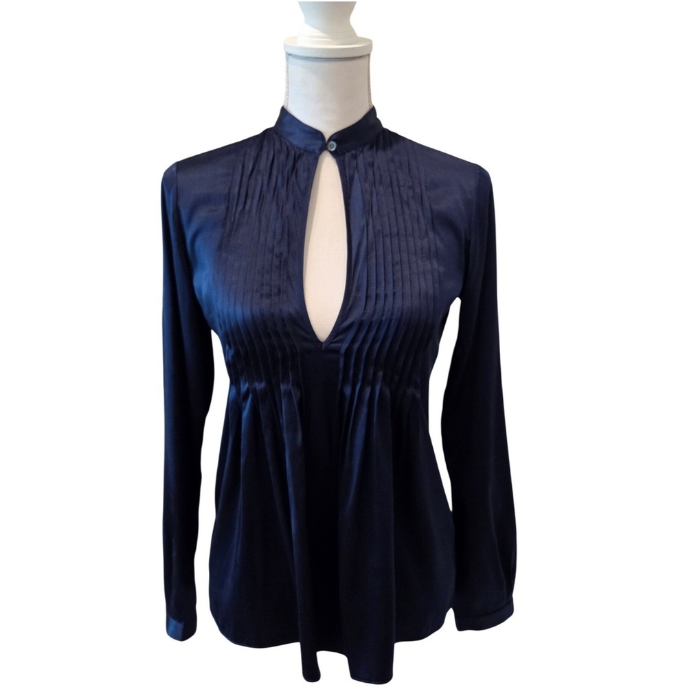 Theory Keyhole Pleated Silk Blouse Long Sleeve Navy Blue Professional‎ Petite P